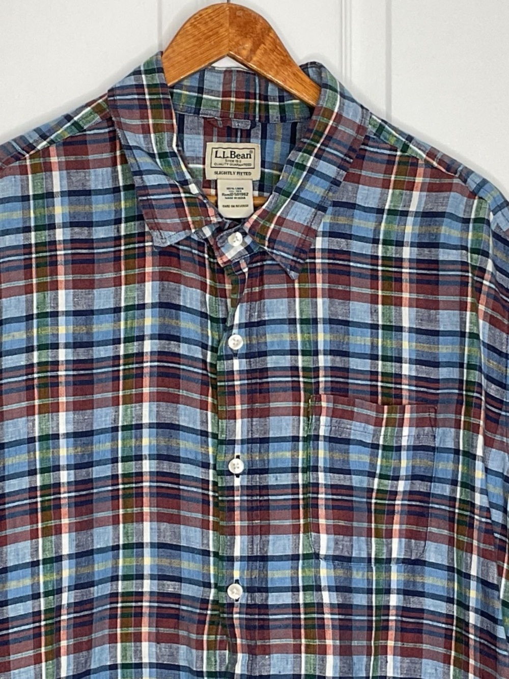 LL Bean 100% Linen Button Up Shirt XXL Mens Blue Plaid Short Slv Slightly Fitted
